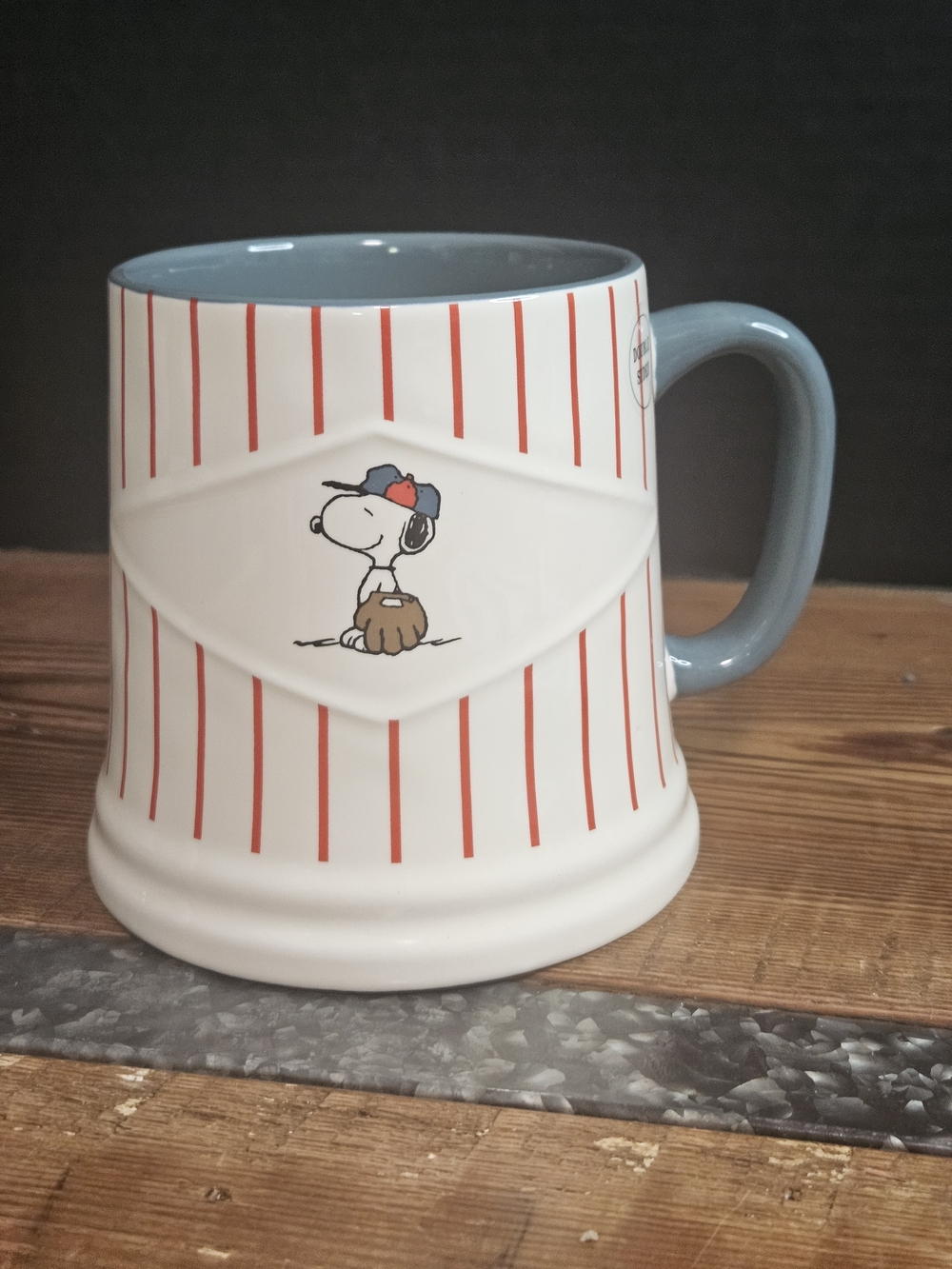 Snoopy Baseball Stripe Ceramic Mug - White & Light Blue Rae Dunn